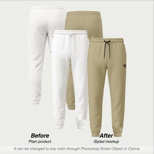 May include: Four pairs of sweatpants in white and tan colors are displayed. The sweatpants have a drawstring waist and cuffed ankles. The text "Before Plain product" and "After Styled mockup" are visible. The text "It can be changed to any color through Photoshop Smart Object or Canva" is also visible.