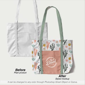 Puede incluir: Se muestran dos bolsas de mano, una blanca lisa y otra estampada. La bolsa estampada presenta un diseño de coral, conchas marinas y algas sobre un fondo blanco. El bolsillo es de color melocotón con el logotipo de una marca.