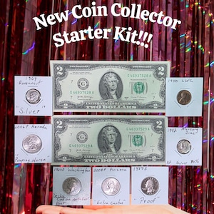 May include: A coin collector starter kit with various coins and two-dollar bills. The kit includes silver coins from 1964 and 1942, along with coins from 2006, 19640, 2008, and 19875. The text "New Coin Collector Starter Kit!!!" is at the top.