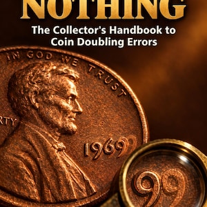 Può includere: Una copertina di libro intitolata DOUBLE OR NOTHING The Collector's Handbook to Coin Doubling Errors con un primo piano di un centesimo Lincoln del 1969 con un errore di doppia coniazione sulla data, visto attraverso una lente d'ingrandimento in ottone.