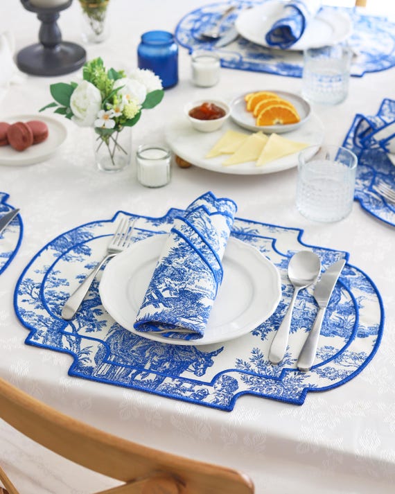 Blau Toile Leinen Tischset & Serviette Set: Wasserfeste Tischdekoration