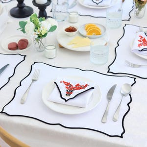 Embroidered Linen Placemat & Napkin Set: Red Floral Valentine&#39;s Day Decor - Personalized