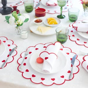 Embroidered Linen Placemat & Napkin Set: Red Heart Table Decor