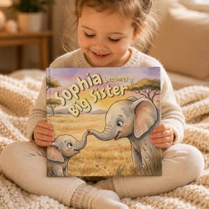 May include: A hardback children's book titled Sophia becomes a Big Sister, featuring a colourful illustration of two grey elephants touching trunks in a savanna landscape with acacia trees under a soft sunset sky, printed on the front cover.