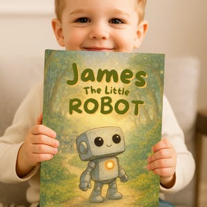 Peut inclure: Un livre pour enfants intitulé "James The Little ROBOT" présente une illustration de robot de dessin animé sur la couverture. Le robot est gris avec un centre orange brillant. L'arrière-plan montre une scène de forêt avec un chemin menant à un petit bâtiment.