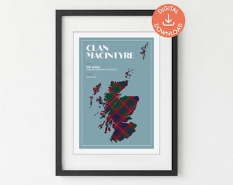 Lámina del clan escocés MacIntyre / Arte mural con apellidos / Mapa de tartán (Descarga digital A5/A4/A3)