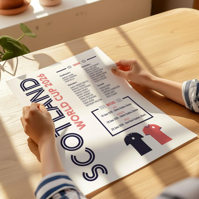 Puede incluir: Una impresi&oacute;n en papel blanco titulada SCOTLAND WORLD CUP 2026 que presenta una lista de equipo con porteros, defensas, centrocampistas y delanteros. El documento incluye un calendario de partidos para junio de 2026 e ilustraciones de camisetas.