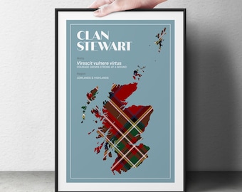Stewart Scottish Clan Tartan Map Print | Surname Wall Poster | Heritage Gift | Wedding Present