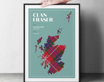 Clan Fraser Scottish Tartan Map Print | Surname Wall Art Poster