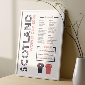 Puede incluir: Un p&oacute;ster vertical enmarcado titulado SCOTLAND WORLD CUP 2026 en texto azul oscuro y rojo. Enumera el equipo por posici&oacute;n, fechas de partidos y ubicaciones en Boston y Miami, y muestra dos ilustraciones de camisetas de f&uacute;tbol en azul y rojo.