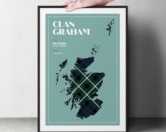 Graham Scottish Clan Tartan Map Poster | Wedding Surname Print