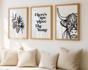 Scottish Wall Art Set of 3 | Highland Cow Art Set & Pine Cone Print