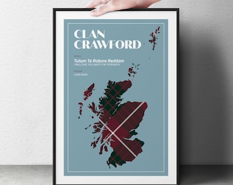 Crawford Scottish Clan Tartan Map Print | Heritage Wall Art | Family Surname Poster | Scotland Decor