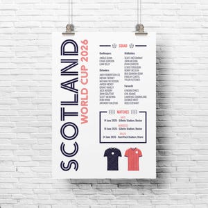 Puede incluir: Un p&oacute;ster vertical titulado SCOTLAND WORLD CUP 2026 en texto azul oscuro y rojo. Enumera a los miembros del equipo por posici&oacute;n, fechas y lugares de los partidos contra Hait&iacute;, Marruecos y Brasil, y muestra ilustraciones de camisetas.