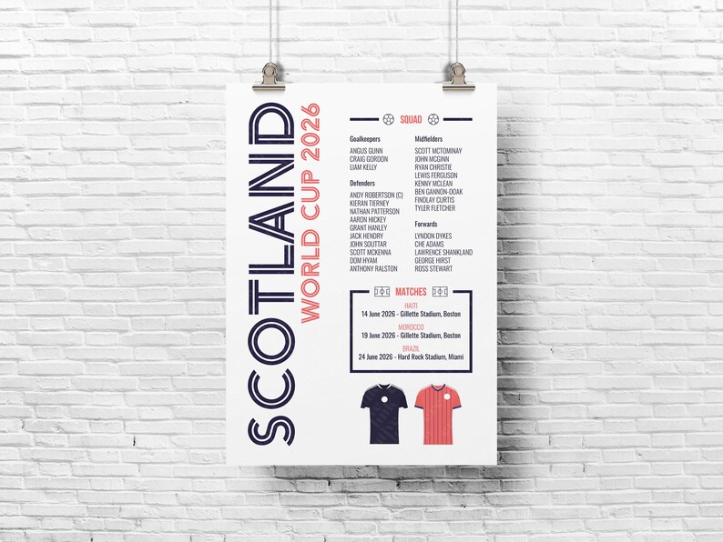 Puede incluir: Un p&oacute;ster vertical titulado SCOTLAND WORLD CUP 2026 en texto azul oscuro y rojo. Enumera a los miembros del equipo por posici&oacute;n, fechas y lugares de los partidos contra Hait&iacute;, Marruecos y Brasil, y muestra ilustraciones de camisetas.