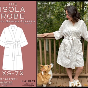 May include: A digital sewing pattern for The Isola Robe, featuring a white line drawing of a wrap-style robe with a tie belt and pockets. The text includes 'The Isola Robe', 'Digital Sewing Pattern', 'XS-7X', and 'Laurel Atelier' on a dusty rose background.