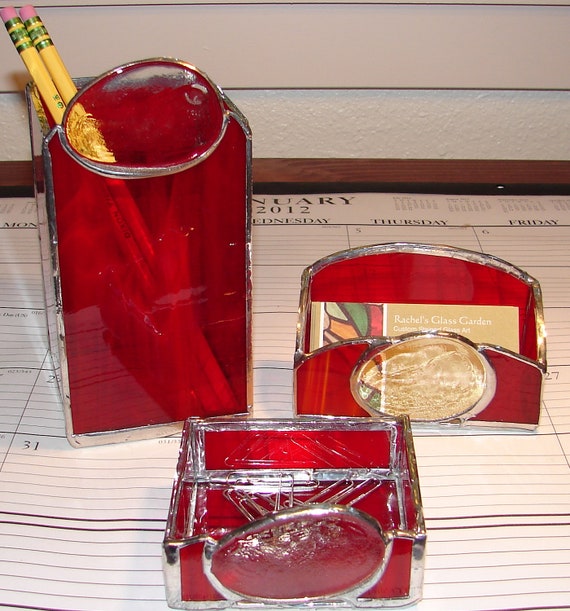 Items similar to Red Stained Glass Desk Set with Clear ...
