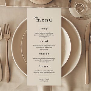 Minimalist Wedding Menu Template: Elegant Printable Dinner Sign (Canva Editable 4x9&quot;)