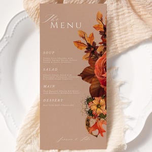 Terracotta Floral Wedding Menu Template: Autumn Dinner Menu (Digital Download, 4x9&quot;)