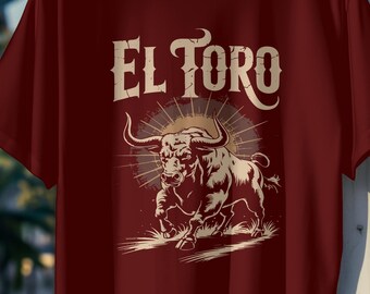 T-shirt Taureau El Toro, T-shirt audacieux style cow-boy pour homme, T-shirt graphique western rodéo espagnol, T-shirt au design puissant et résistant aux animaux