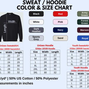 Może przedstawiać: Tabela kolor&oacute;w i rozmiar&oacute;w dla bluz i bluz z kapturem. Zawiera pr&oacute;bki kolor&oacute;w i tabele rozmiar&oacute;w dla styl&oacute;w unisex i młodzieżowych. Wymiary w calach, rozmiary od S do 3XL.