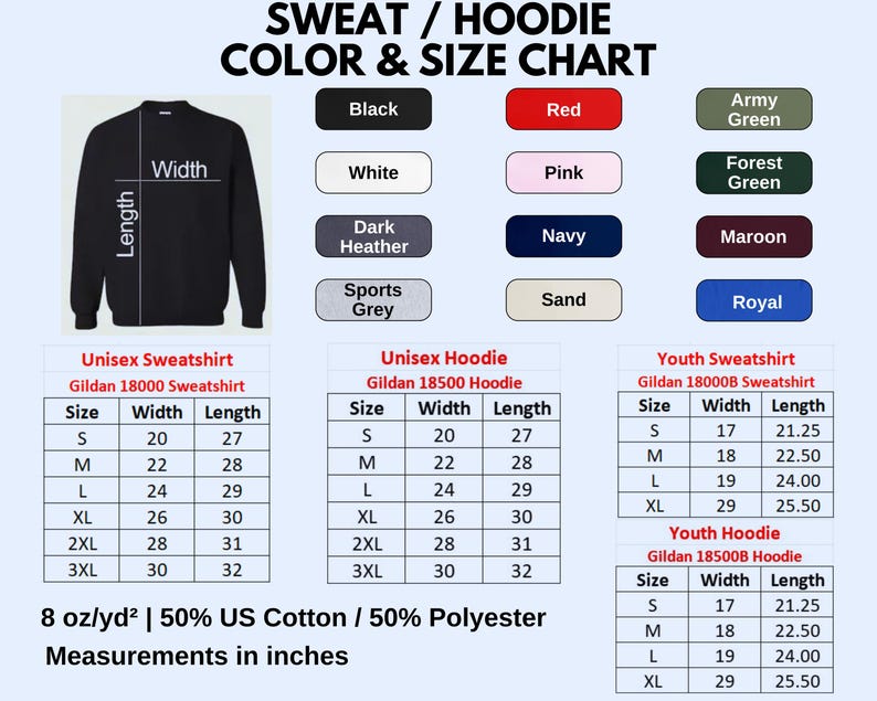 Może przedstawiać: Tabela kolor&oacute;w i rozmiar&oacute;w dla bluz i bluz z kapturem. Zawiera pr&oacute;bki kolor&oacute;w i tabele rozmiar&oacute;w dla styl&oacute;w unisex i młodzieżowych. Wymiary w calach, rozmiary od S do 3XL.