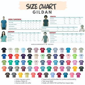 Może przedstawiać: Tabela rozmiar&oacute;w Gildan dla odzieży męskiej, damskiej, młodzieżowej i niemowlęcej. Tabela zawiera pomiary długości ciała, szerokości klatki piersiowej i długości rękawa w calach. Obraz przedstawia r&oacute;wnież r&oacute;żne kolory koszulek.