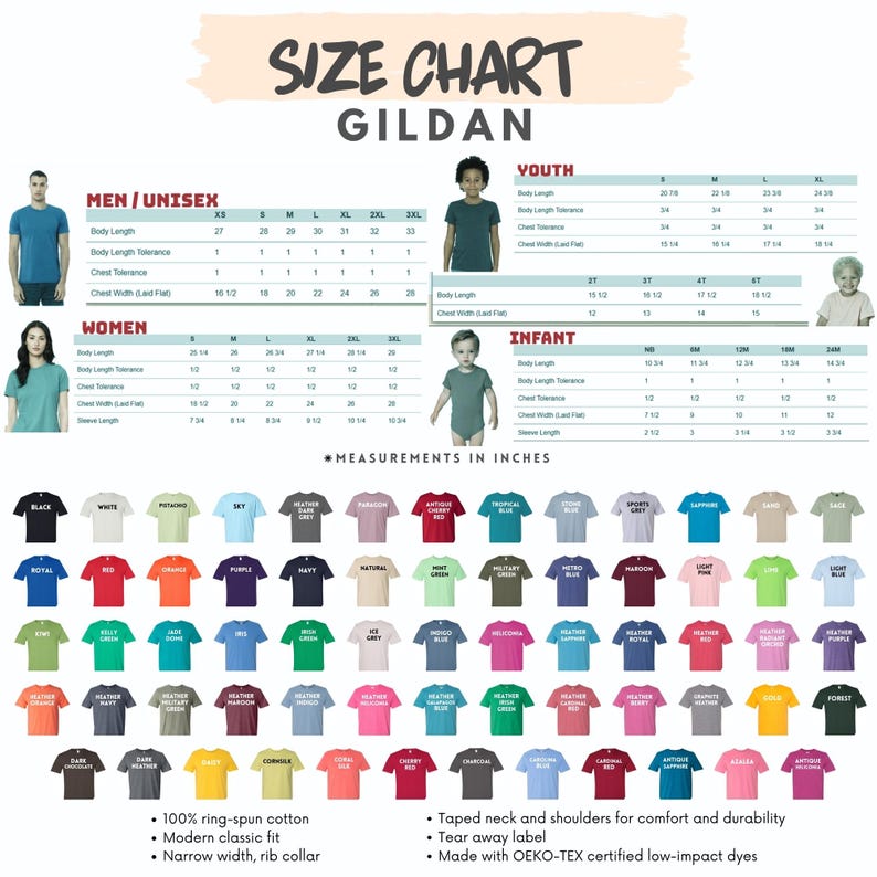 Może przedstawiać: Tabela rozmiar&oacute;w Gildan dla odzieży męskiej, damskiej, młodzieżowej i niemowlęcej. Tabela zawiera pomiary długości ciała, szerokości klatki piersiowej i długości rękawa w calach. Obraz przedstawia r&oacute;wnież r&oacute;żne kolory koszulek.