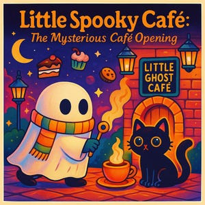 May include: A whimsical illustration for "Little Spooky Caf&eacute;: The Mysterious Caf&eacute; Opening." Features a ghost with a scarf, a black cat, and a coffee cup. The image includes the cafe's sign, desserts, and a crescent moon, all in a vibrant, cartoon style.