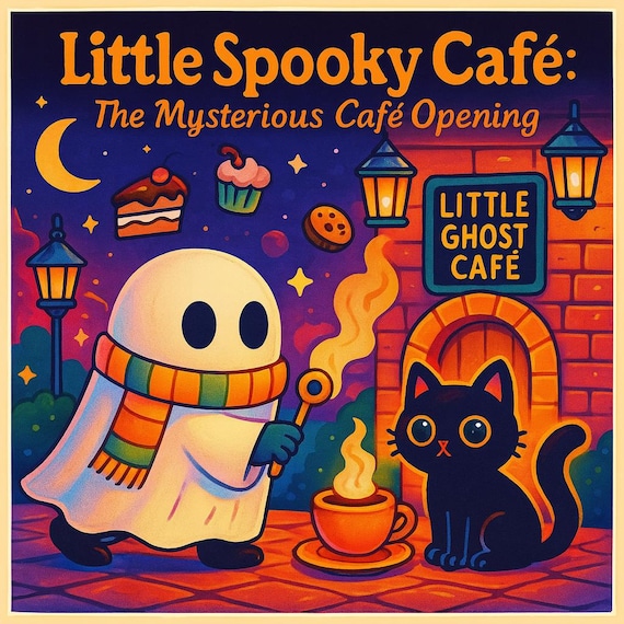 Little Spooky Café Coloring Book PDF, Cute Halloween Ghost  Cat Pages, Cozy Digital Download for Kids & Adults, Kawaii Printable Coloring