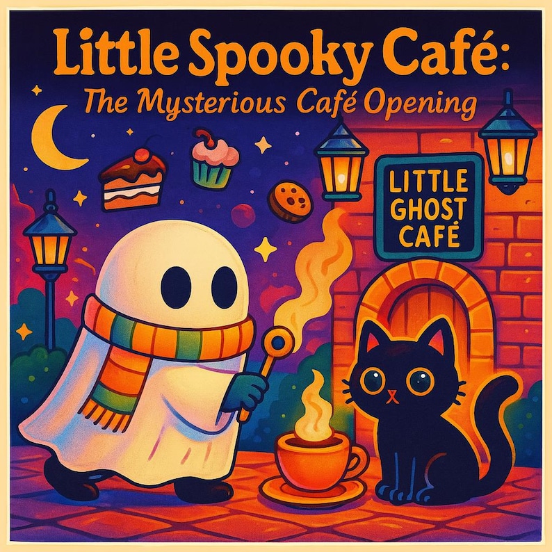 May include: A whimsical illustration for "Little Spooky Caf&eacute;: The Mysterious Caf&eacute; Opening." Features a ghost with a scarf, a black cat, and a coffee cup. The image includes the cafe's sign, desserts, and a crescent moon, all in a vibrant, cartoon style.
