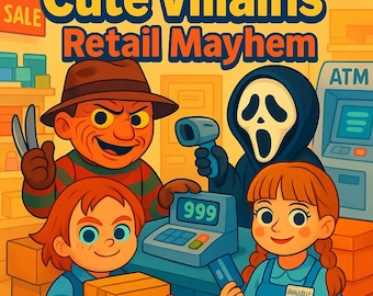 Cute Villains Retail Mayhem Printable PDF | Funny Horror Characters Coloring Page | Digital Download Halloween Activity for Kids & Adults