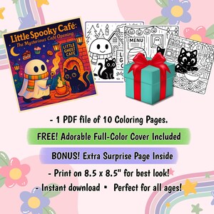 May include: A collection of Halloween-themed coloring pages. The image features a cover with the text "Little Spooky Caf&eacute;" and illustrations of a ghost and black cat. Additional pages show a black cat, a menu, and a gift box with a red bow.