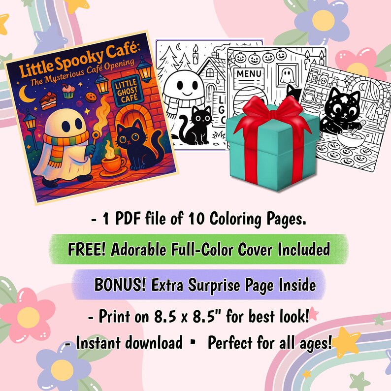 May include: A collection of Halloween-themed coloring pages. The image features a cover with the text "Little Spooky Caf&eacute;" and illustrations of a ghost and black cat. Additional pages show a black cat, a menu, and a gift box with a red bow.