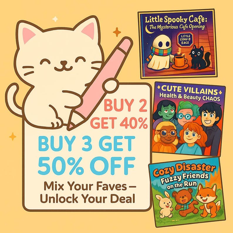 May include: A cartoon cat holds a pink pencil next to a sign with a promotional offer. The sign reads "Buy 2 Get 40%" and "Buy 3 Get 50% Off." Three book covers are displayed: "Little Spooky Cafe," "Cute Villains," and "Cozy Disaster."
