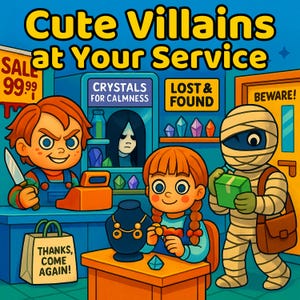 May include: A cartoon illustration depicts a shop scene with the text "Cute Villains at Your Service." Characters include Chucky with a knife, a girl with pigtails, and a mummy. The shop sells crystals and jewelry. Text includes "Sale 99.99", "Crystals for Calmness", "Lost & Found", "Beware!", and "Thanks, Come Again!"