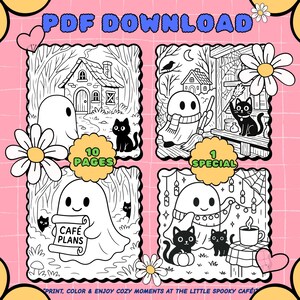 May include: A digital download featuring four square illustrations with a spooky theme. Each illustration includes a ghost, black cat, and other Halloween-themed elements. The text "PDF DOWNLOAD", "10 PAGES", "1 SPECIAL", and "CAF&Eacute; PLANS" are visible.