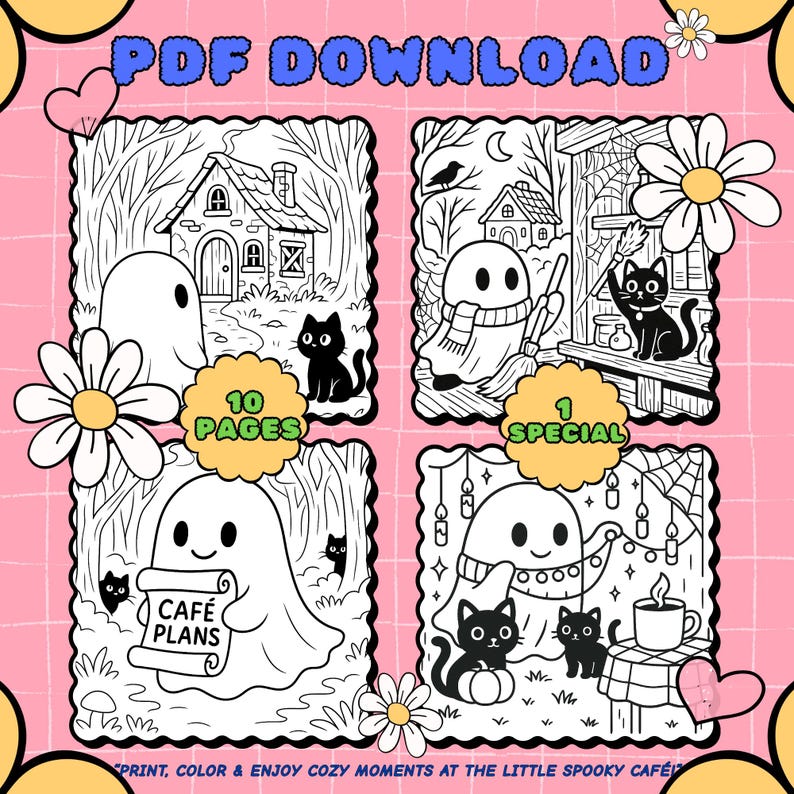 May include: A digital download featuring four square illustrations with a spooky theme. Each illustration includes a ghost, black cat, and other Halloween-themed elements. The text "PDF DOWNLOAD", "10 PAGES", "1 SPECIAL", and "CAF&Eacute; PLANS" are visible.