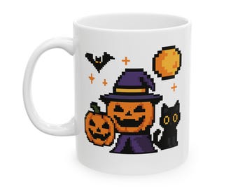 Taza de cerámica de Halloween: Calabaza, gato y temporada espeluznante