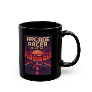 Retro Racer Mug, Vintage Arcade Video Games Cup, Gamer Gift, Black Coffee Mug, Gaming Mug, Cool Mug