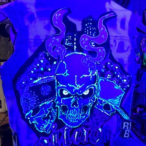 Hand-Painted Kids Denim Battle Vest: Metal Bands, Glows Under Black Light