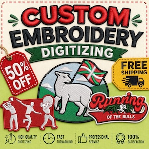 Puede incluir: Un conjunto de parches bordados con las palabras "CUSTOM EMBROIDERY DIGITIZING". Incluye una etiqueta roja con "50% OFF", un parche amarillo con "FREE SHIPPING", e ilustraciones de una oveja, toros y atletas.