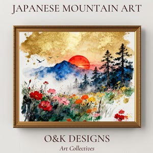 May include: Framed watercolor painting of a Japanese mountain scene. The artwork features a vibrant red sun setting behind a blue mountain range, with trees and colorful flowers in the foreground. The text "JAPANESE MOUNTAIN ART" is at the top.