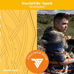 Könnte beinhalten: Ein digitales Schnittmuster für ein Atreus God of War Ragnarök Outfit. Die Grafik zeigt den Text Atreus God Of War - Ragnarök full outfit pattern, ein gelbes Feld mit Linienzeichnungen und ein Foto einer Person in diesem Kostüm.