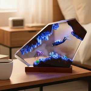 Handmade Octopus and Diver Resin Lamp, Ocean Night Light