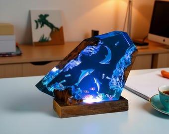 Dolphin Family Resin Lamp: Handmade Ocean Night Light