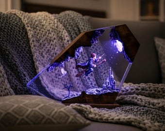 Wizard Resin Lamp, Flying Boy Diorama, Magic Castle Night Light, Epoxy Resin Decor, Fantasy Lamp, Halloween Gift, Book Lover Present