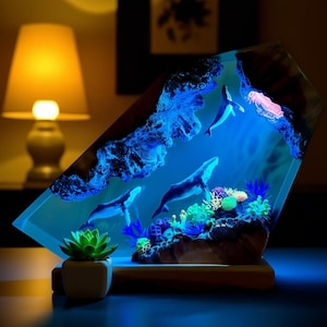 Humpback Whale Wood Resin Lamp: Ocean Night Light, Sea Decor