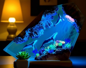 Humpback Whale Wood Resin Lamp: Ocean Night Light, Sea Decor