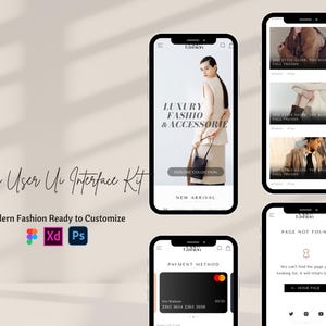 以下が含まれることがあります： 複数のスマートフォン画面を備えたモバイルユーザーインターフェースキットのモックアップ。画面には「LUXURY FASHIO & ACCESSORIES」と「NEW ARRIVAL」のテキストが表示されたファッションアプリが表示されます。デザインには、支払い方法の画面と「PAGE NOT FOUND」画面が含まれています。